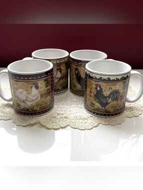 Retro Rooster Sakura Stoneware Mugs Set of 4